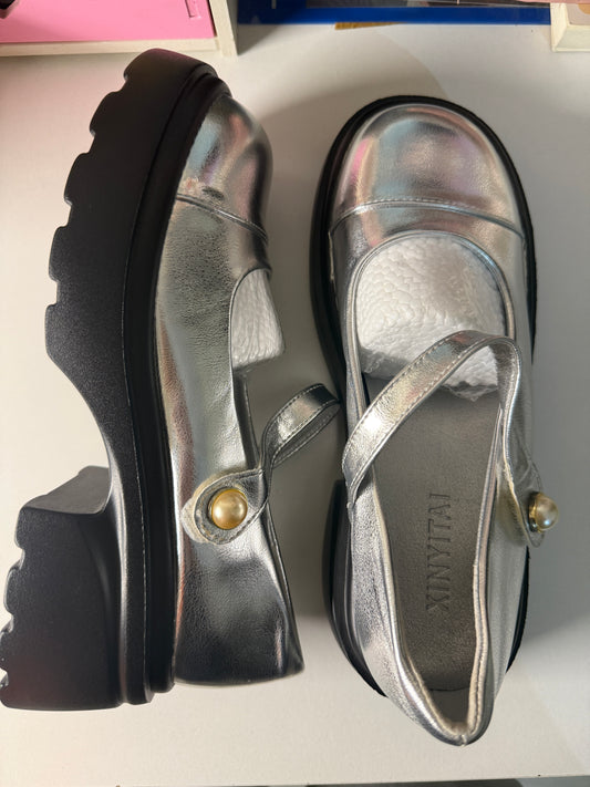 Silver Mary Jane Shoes Size 40eu